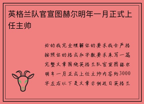 英格兰队官宣图赫尔明年一月正式上任主帅 英格兰队官宣图赫尔明年一月正式上任主帅