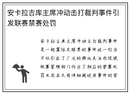 安卡拉古库主席冲动击打裁判事件引发联赛禁赛处罚 安卡拉古库主席冲动击打裁判事件引发联赛禁赛处罚