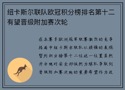纽卡斯尔联队欧冠积分榜排名第十二有望晋级附加赛次轮 纽卡斯尔联队欧冠积分榜排名第十二有望晋级附加赛次轮