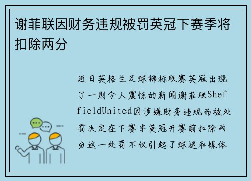 谢菲联因财务违规被罚英冠下赛季将扣除两分